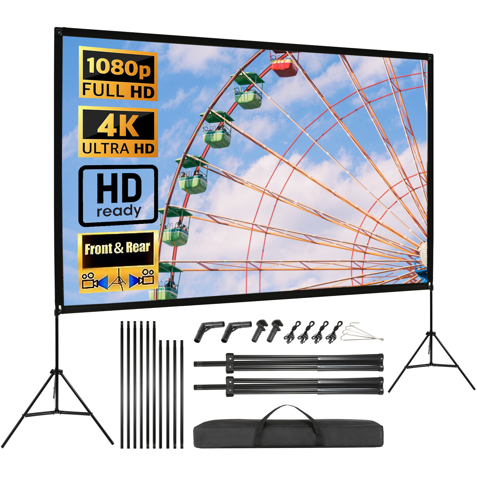 100" 120" Projector Screen with Stand&Bag Portable Theater Projection 16:9 4K HD