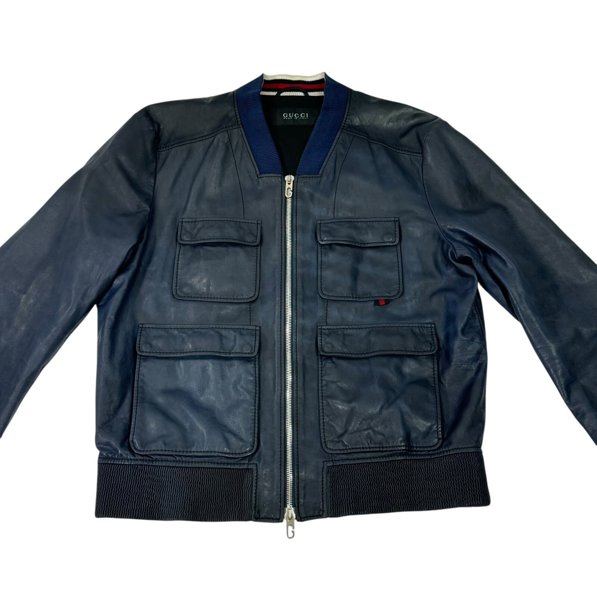 GUCCI Navy Blue Leather Biker Bomber Men's Jacket Made in GUCCI Navy Blue Leather Biker Bomber Men's Jacket Made in