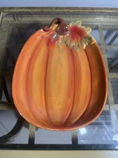 Ceramic Pumpkin Serving Dish  - 7 1/2" Oval Autumn Holiday Decor 