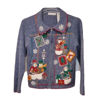 Pull De Noël Vintage Tiara International Rouge à Zip - Motif Bonhommes De Neige - Taille PL