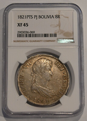 1821 Bolivia 8 REALES KM84 Ferdinand VII NGC XF45, neat silver