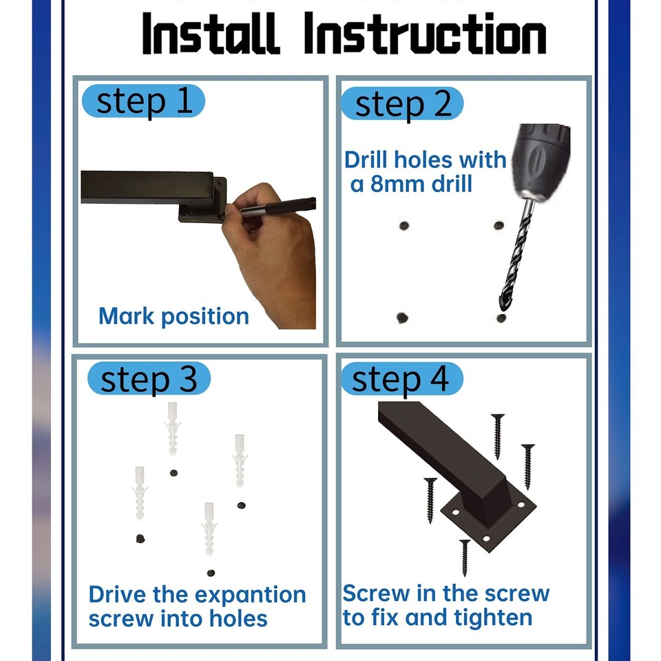 3FT Black Iron Hand Railing, Sturdy Safety Staircase Handrails Wall