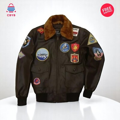 TOP GUN Men's Jet Fighter Bomber Navy Air Force Pilot FUR LEATHER FLIGHT JACKET
