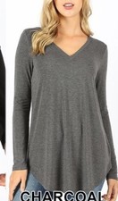 Zenana T Shirt Womens Relax Fit V Neck Long Sleeve Soft Dark Gray S