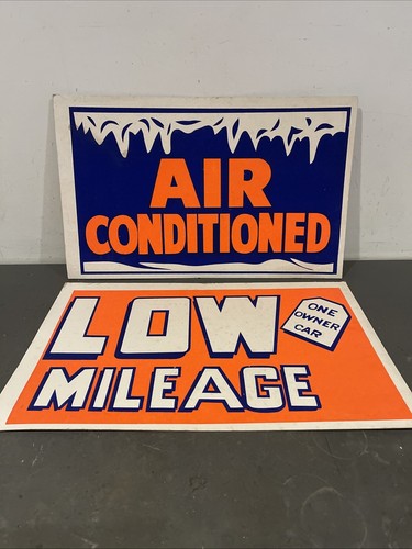 2 Vintage AC Low Miles Sign Used Car Truck Lot Garage Dealer Cardboard Window