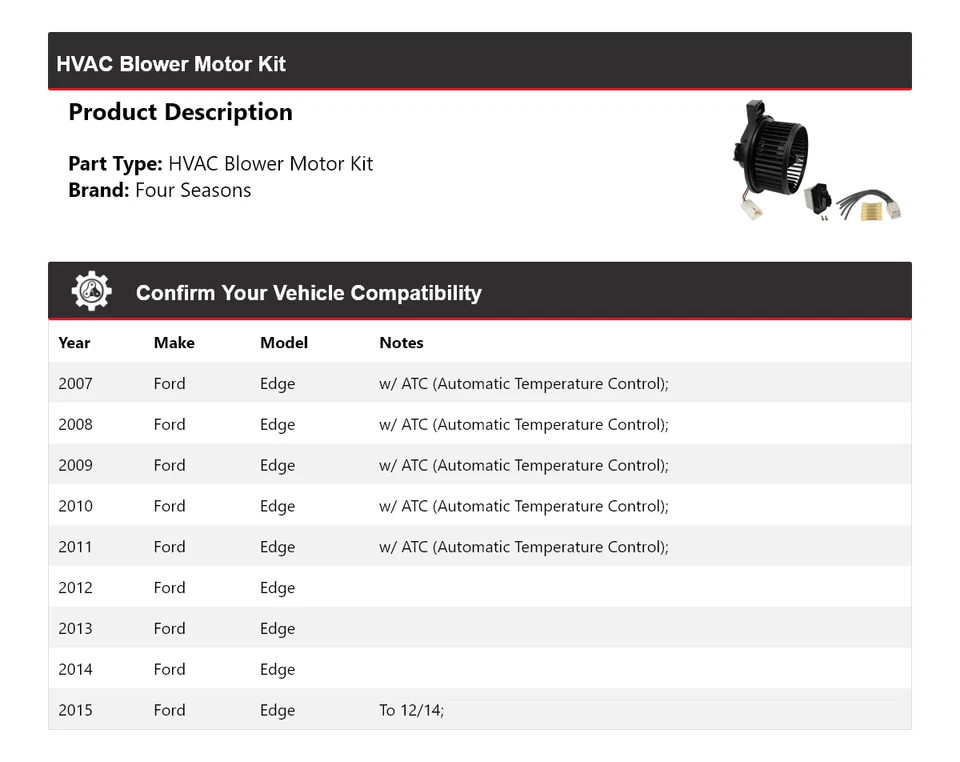 Kit de motor soplador de climatización Ford Edge 2007-2015 4 estaciones 2008 2009 2010 2011 2012 Foto 2 de 3