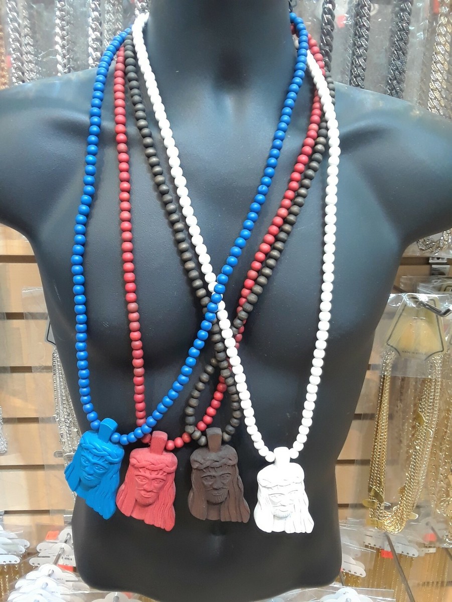 3D Wood Long Jesus Head Piece Christ Religious Beaded Necklace