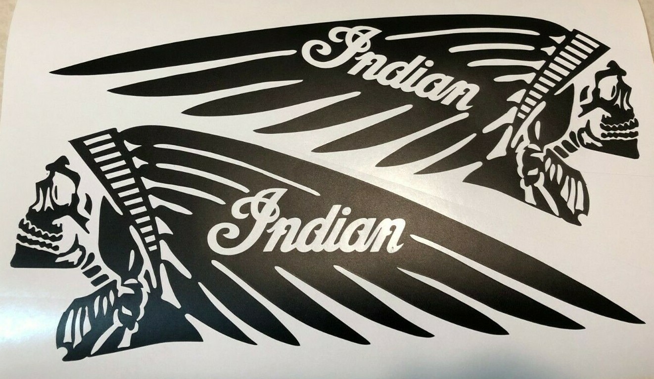 SKULL Indian 4.5" x 12" Motorcycle Tank Vinyl MATTE BLACK Decal Scout Chief L/R eBay