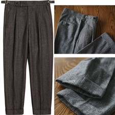 Men's Retro Woolen Gurkha Suit Dress Pants Straight Herringbone Tweed Trousers
