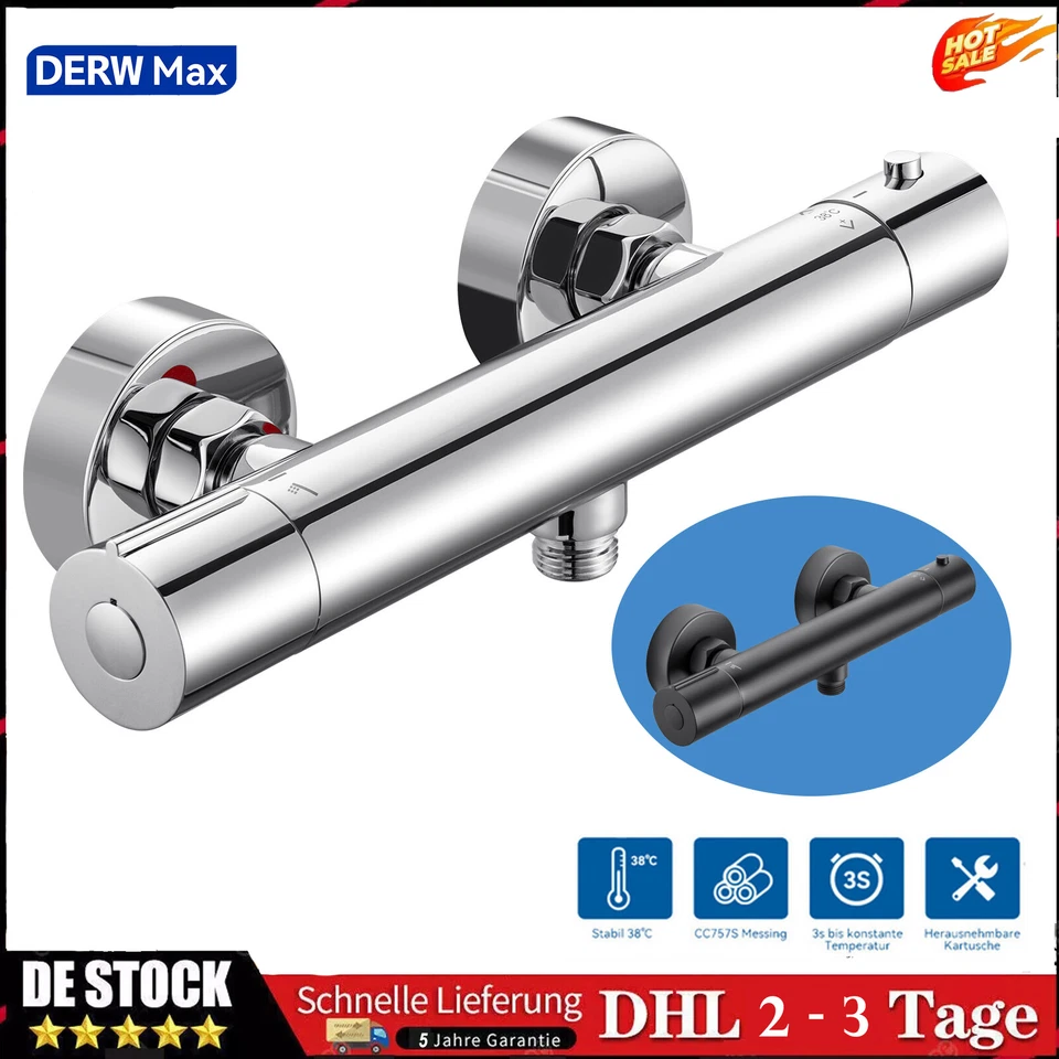 DERW MAX Badewannenarmatur Duscharmatur mit Thermostat Mischbatterie 38°C Duschthermostat