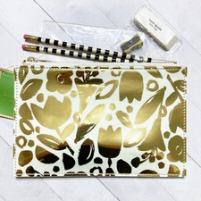 Kate Spade Golden Floral Pencil Pouch Tech Case Zipper Travel Designer Gold