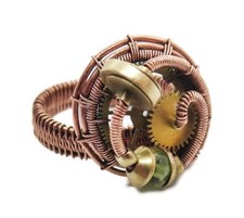 Adjustable Peridot Steampunk Ring in Copper and Brass