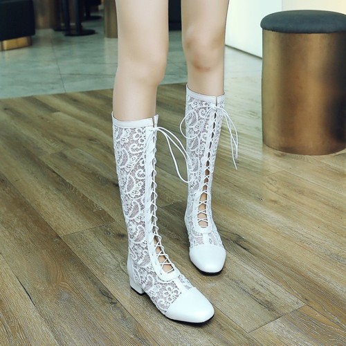 Ladies Shoes Cuban Heel Zip Lace Up Sandals Hollow Out Knee Boots AU Size b222 - Picture 13 of 17