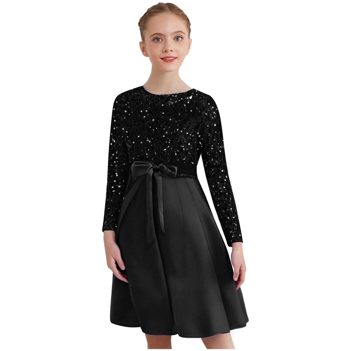 chinese dress ladies Zapaka Women Black Casual Dress with Sash A-Line Long Sleeves Wedidng Guest Dress, Black / L main image 0