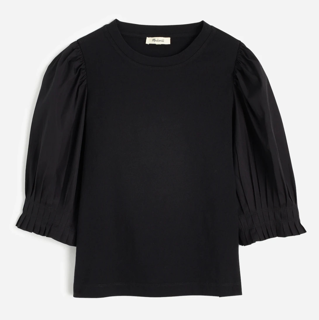 Madewell Medium Puff Sleeve Knit Top Jet Black 100% Cotton Pleated Crewneck NWT