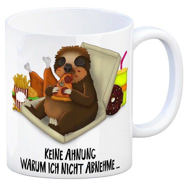 Kaffeebecher Mit Fressendes Faultier Motiv Und Spruch: Keine Ahnung Warum Ich-image