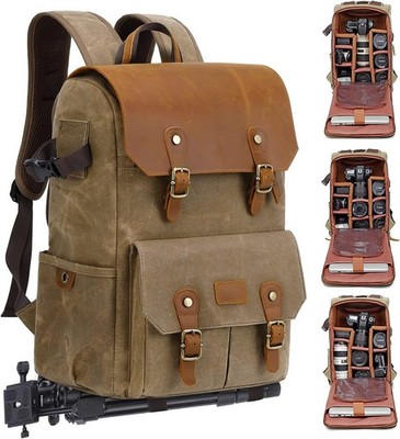 Canvas Camera Backpack Waxed Memory Fiber Vintage Khaki