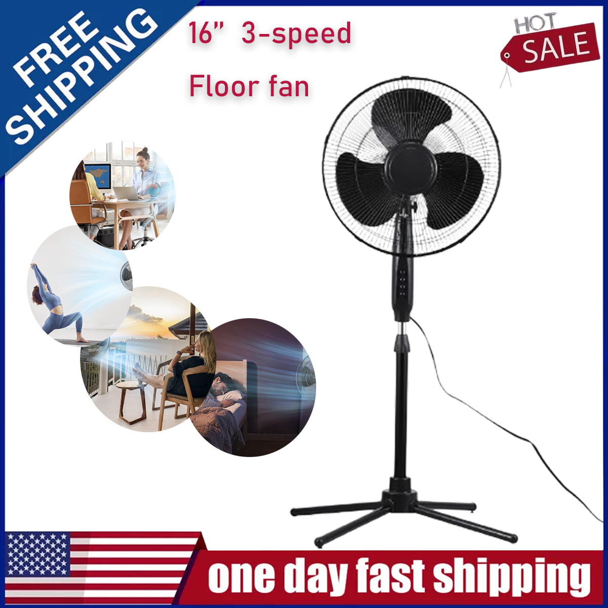 16 Inch 3-Speed Adjustable Oscillating Pedestal Fan Powerful Cooling Quiet Black