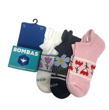 Bombas Women's Floral Ankle Socks 3-Pack Size M Pink White Gray NEW Cotton