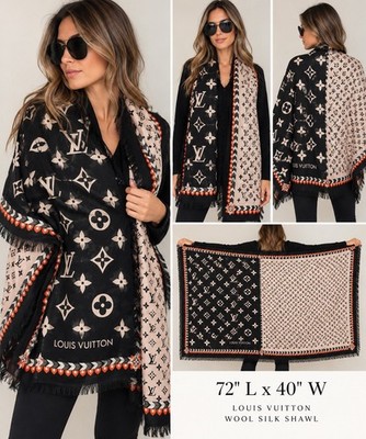 Louis Vuitton Monogram Wool Silk Shawl Scarf 72  x 40  Black Ivory Orange Fringe