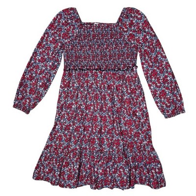 Crewcuts J Crew Girls Smocked Long Sleeve Dress 10 Red Blue Floral Cottage