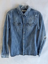 ALL SAINTS IKEY shirt denim destroyed pearly snaps XS EUC
