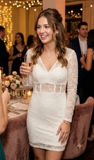 Long Sleeve White Lace V-Neck Dress By Guess Structured Waist Panel Sz M