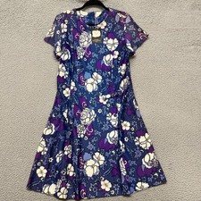 Vintage 60s 70s Hawaiian Dress Womens 18 Blue Floral Muu Muu Double Bar Knit