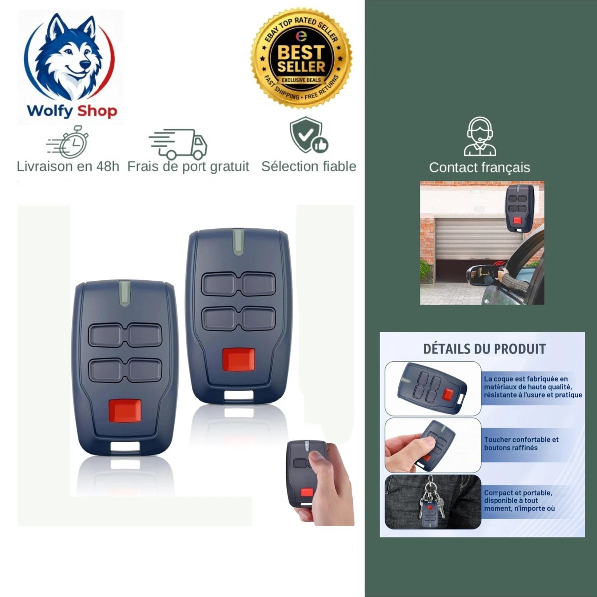 Télécommande portail BFT 433 MHz 4 boutons lot de 2 compatible Mitto Kleio