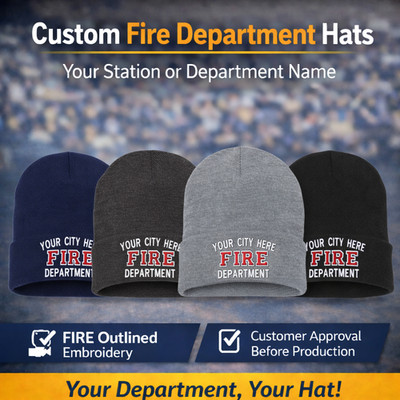 Custom Fire Department Beanies, FIRE Outline, Navy-Black-Dk Gray-Lt Gray