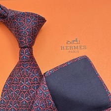 Hermes Silk Heart Pattern Tie Navy Red Bicolor Used
