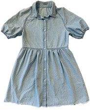Blue Denim Babydoll Button Up Shirt Dress Puff Sleeves Frayed Edges (Medium)