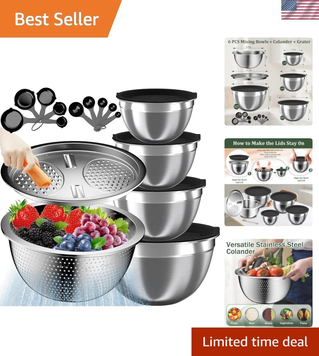 Mixing Bowls with Lids Set, 16PCS Stainless Steel Mixing Bowls,Nesting Storag...