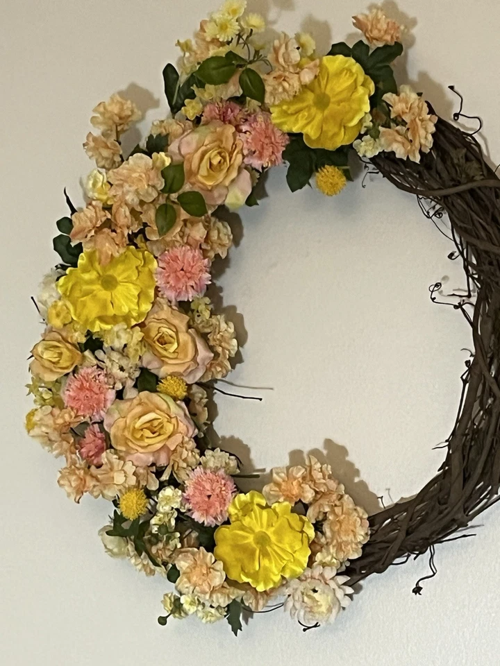 Artificial Spring Wreath for Front Door or Porch, Yellow, Peach And Orange - Image 3 of 4