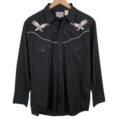 ELY DIAMOND Western Eagle Embroidered Pearl Snap Shirt Men's Sz L Black 3051 L/S