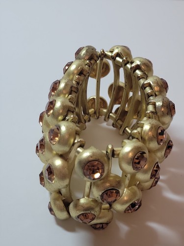 Vintage Roxanne Assoulin RA Rhinestone Chunky Heavy Goldtone Stretch Bracelet - Picture 3 of 14