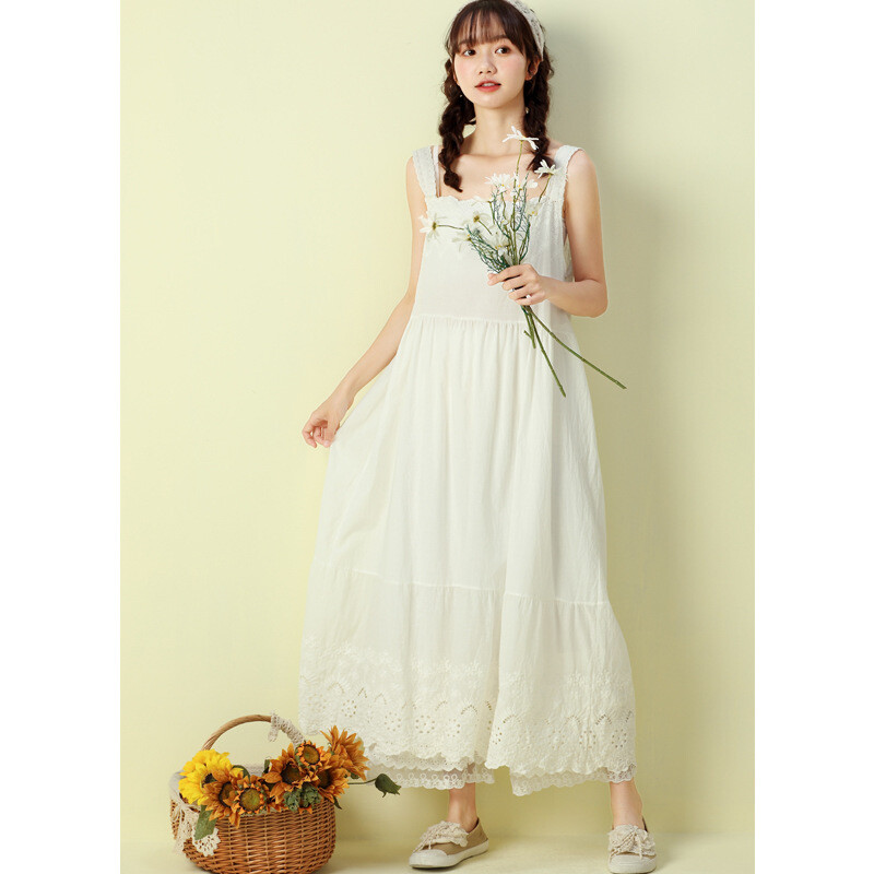 Women Tank Dress Lace Embroidery Cotton Midi Slip Cami Loose Casual  Underdress