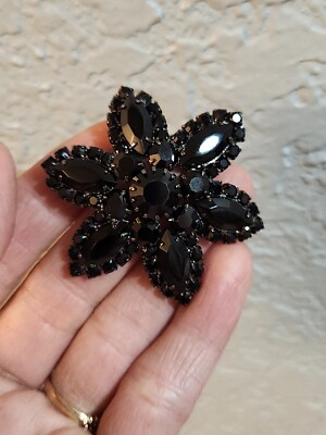 Vintage ROBERTA CHIARELLA Black Rhinestone Brooch Signed.
