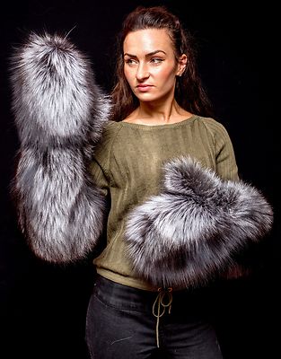 Genuine Superior Silver Fox Fur Handmade Trending Massive Elbow Mittens Gloves