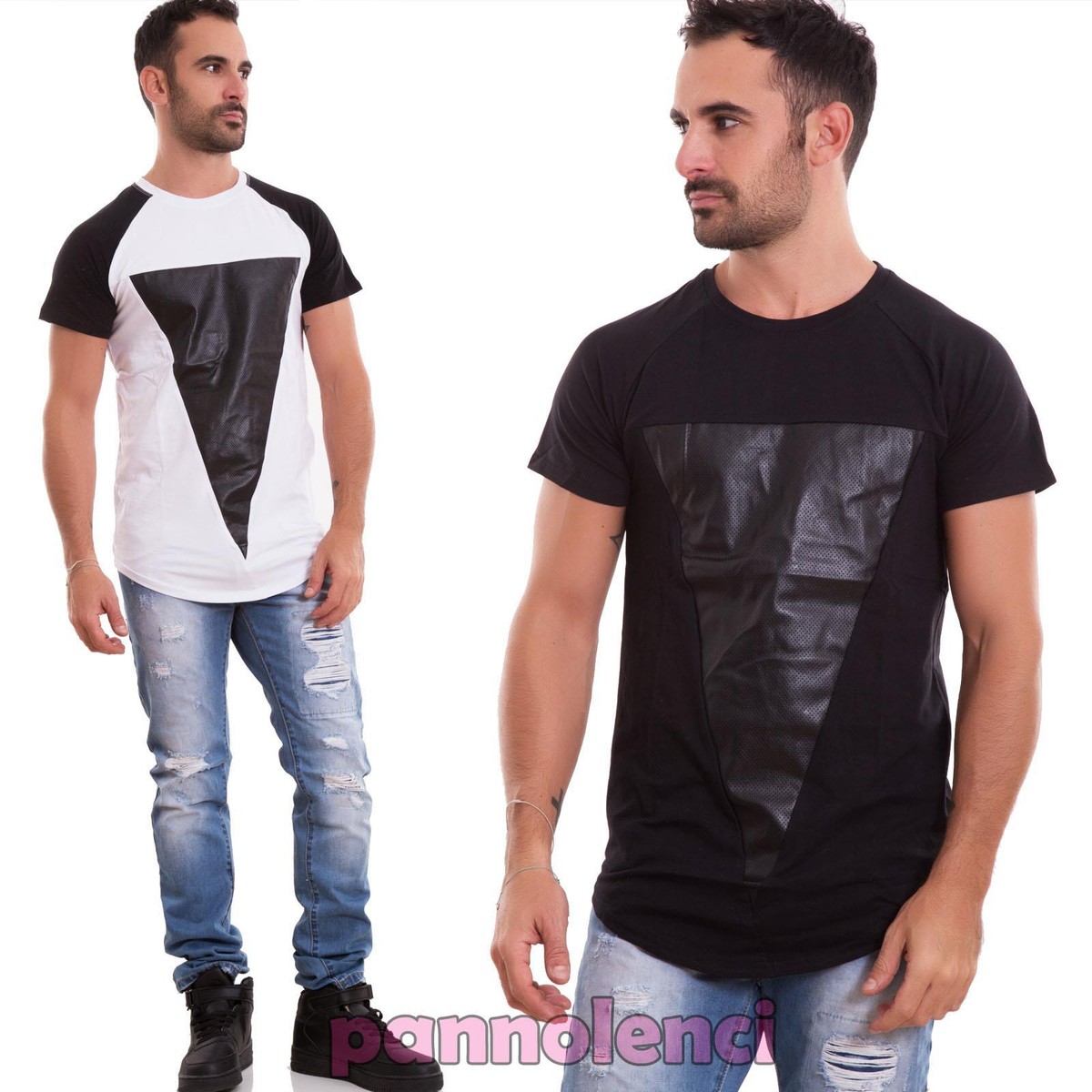 Maglia uomo maglietta t-shirt rapper ecopelle traforata casual