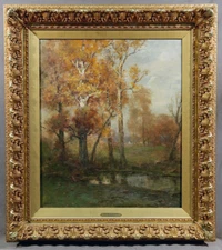 19th Century American Painting Autumn Landscape with Orange Trees  & Pond