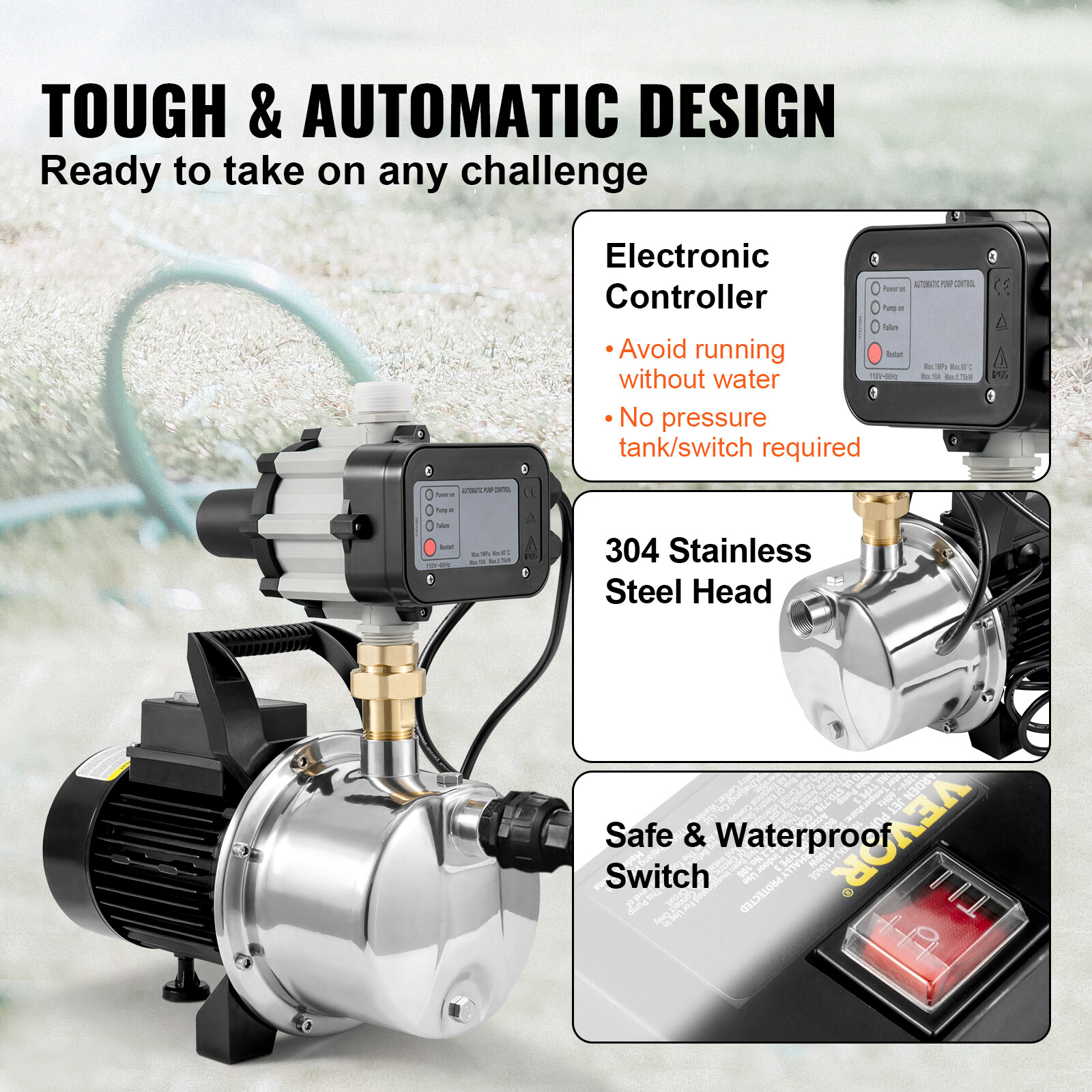 VEVOR Shallow Well Pump Portable Jet Pump w/ Auto Controller 1.5HP