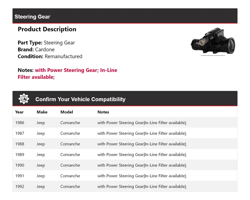 Para Jeep Comanche 1986-1992 engranaje de dirección Cardone 1987 1988 1989 1990 1991 Foto 2 de 4