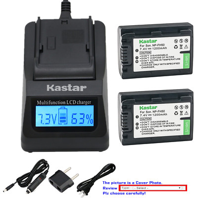 Kastar Battery LCD Fast Charger for Sony NP-FH50 FH50 & Sony DCR-SR190 DCR-SR200