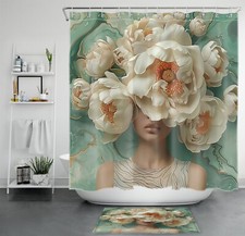 Vintage Floral and Girl in Teal Marble Shower Curtain Bathroom Accessories Set