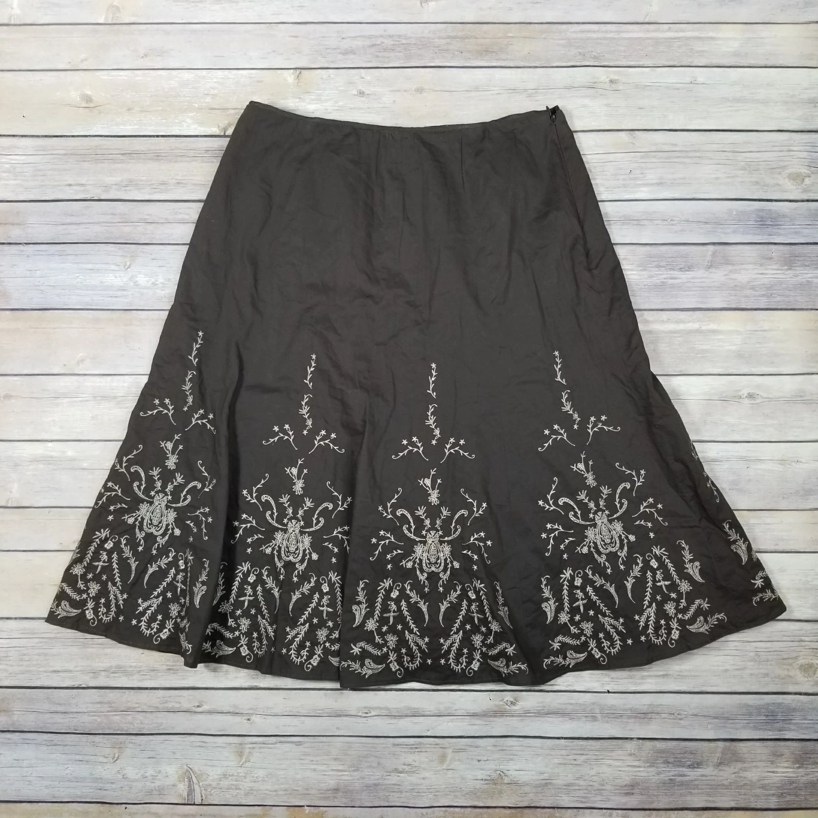 TAHARI Womens 8 Brown A-Line Embroiderie Lined Skirt 100% Cotton