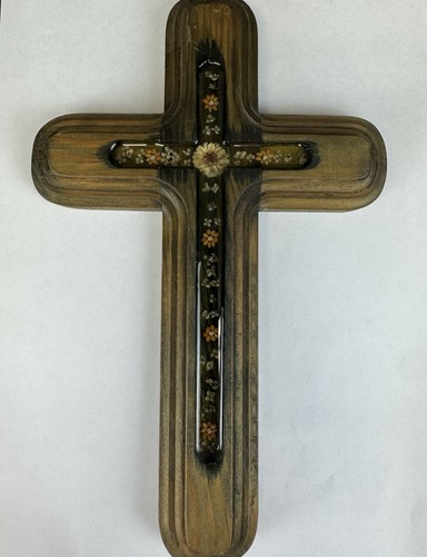 Vintage Wood Cross With Resin Inlay Of Flowers 10” X 5” - Picture 4 of 8