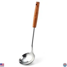 FJNATINH 13.7" Stainless Steel Soup Ladle - Premium Cooking Spoon, Wooden Handle