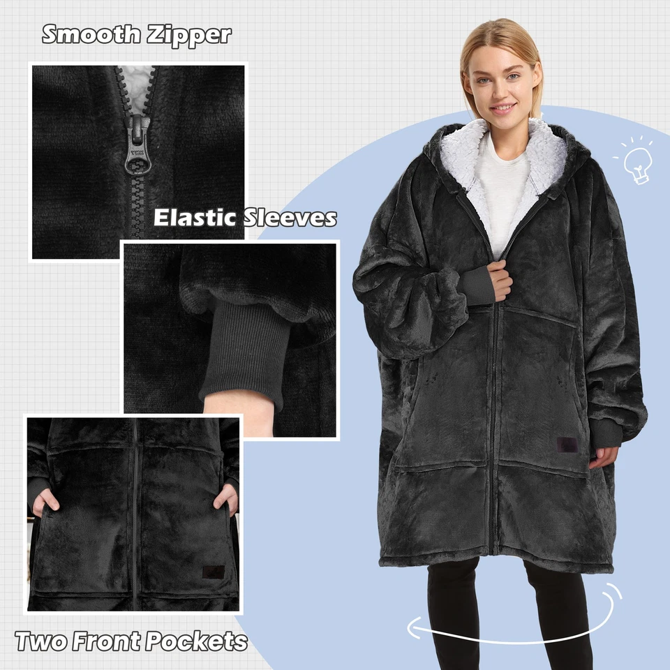 Adult Hoodie Sweatshit Wearable Blanket With Pocket Plush Pleece Luxury Sherpa - Image 3 of 4