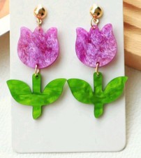 Tulip Acrylic Dangle Earrings Gold Glitter Flower Cute Spring Summer Floral New.